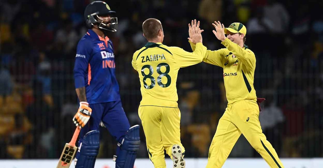 Zampa gets Jadeja Adam Zampa celebrates with Steve Smith after removing Ravindra Jadeja in the Chennai ODI. File photo: AFP/Arun Sankar