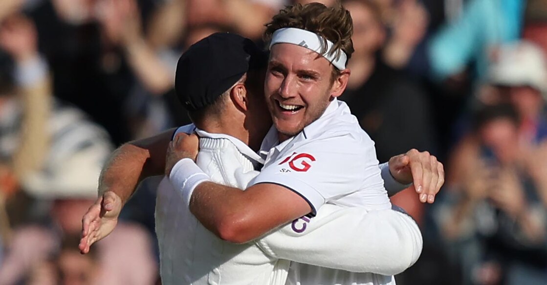 James Anderson and Stuart Broad celebrate England's win in the fifth and final Ashes Test. File photo: AFP/Adrian Dennis