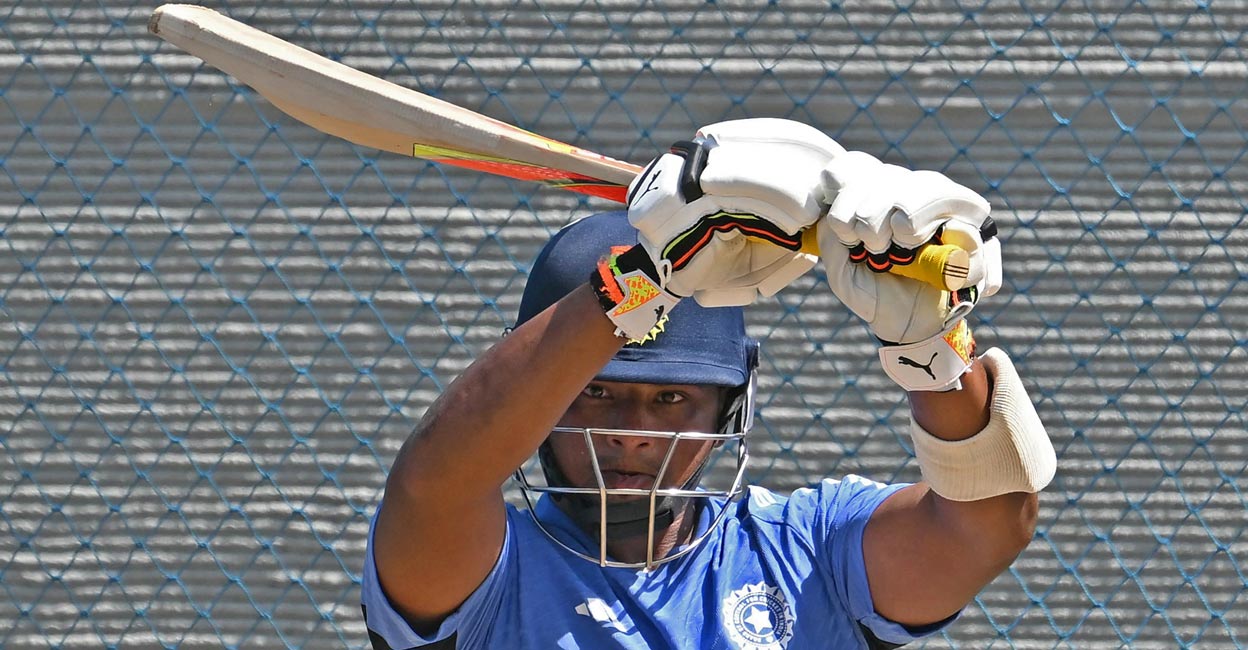 Sarfaraz Khan in action during a training session. File photo: AFP/Satish Babu