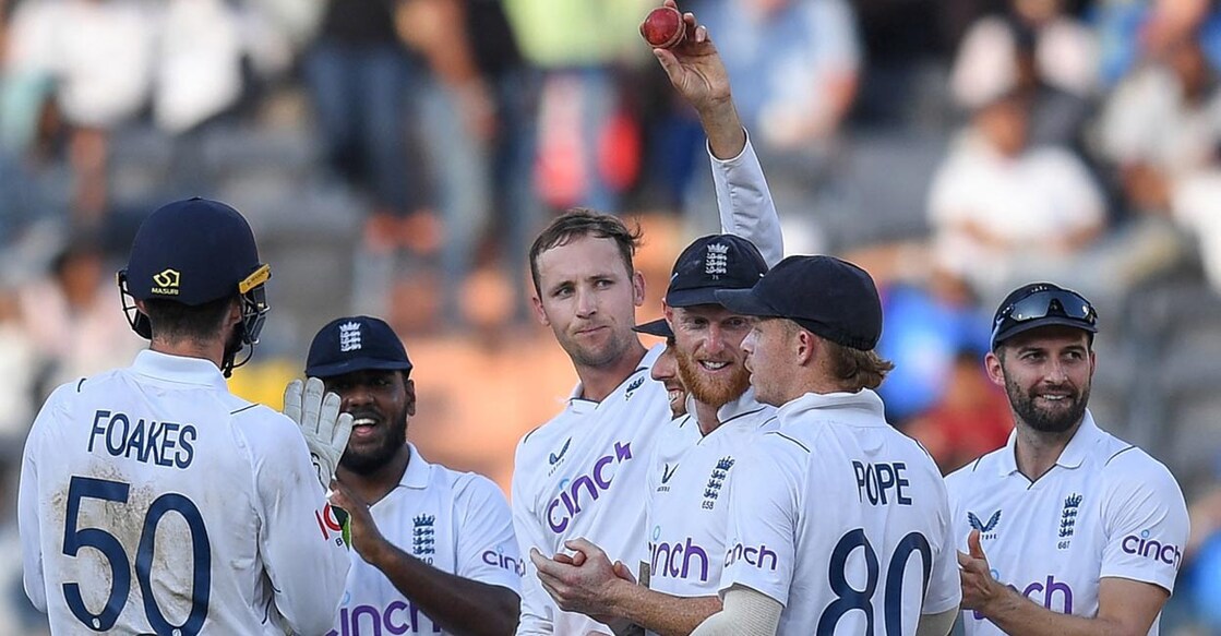 Tom Hartley celebrates his five-wicket haul in the Hyderabad Test. File photo: AFP/Noah Seelam