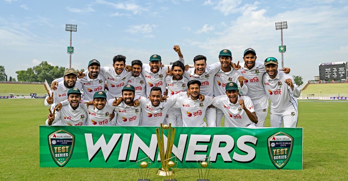 Bangladesh players celebrate their triumph. File photo: AFP/Aamir Qureshi 