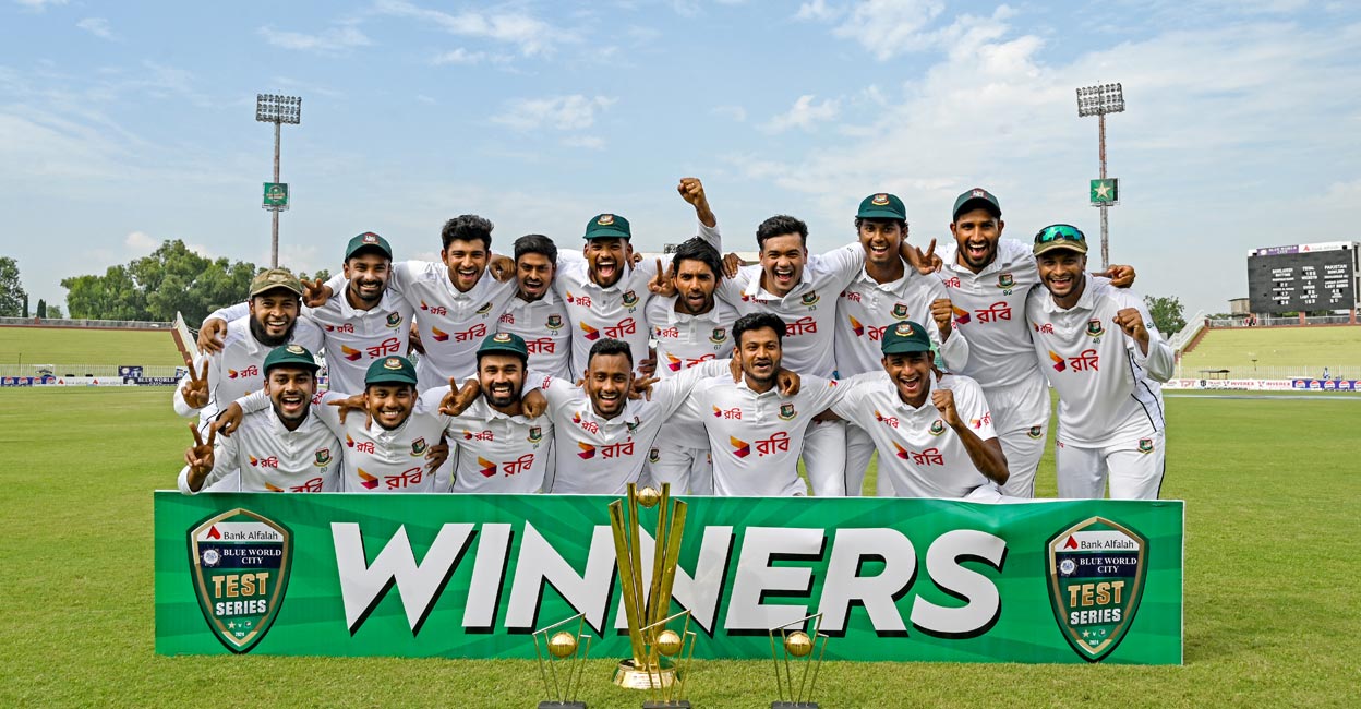 Bangladesh players celebrate their triumph. File photo: AFP/Aamir Qureshi 