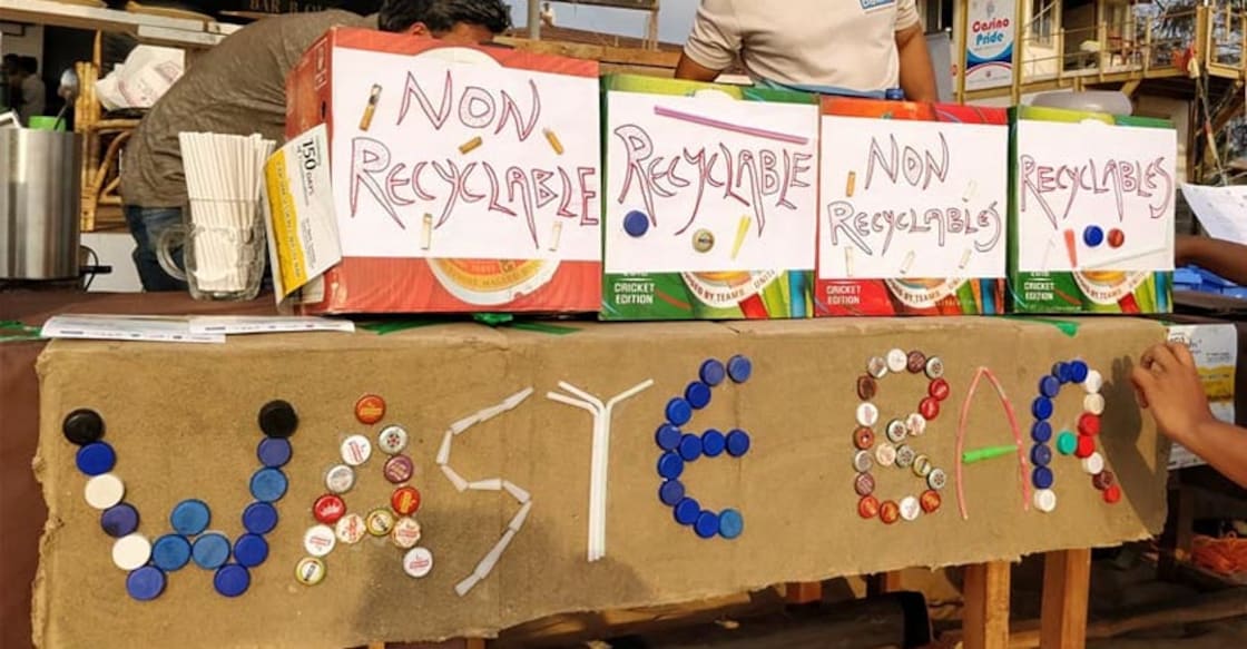 In an innovative green initiative, this waste-bar at popular Baga beach in Goa exchanges beer bottle caps, used cigarette butts and plastic straws for a beer. In an innovative green initiative, this waste-bar at popular Baga beach in Goa exchanges beer bottle caps, used cigarette butts and plastic straws for a beer.