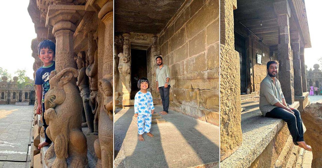 Vineeth Sreenivasan and family at Kanchi Kailasanathar Temple. Photo: Vineeth's Instagram account