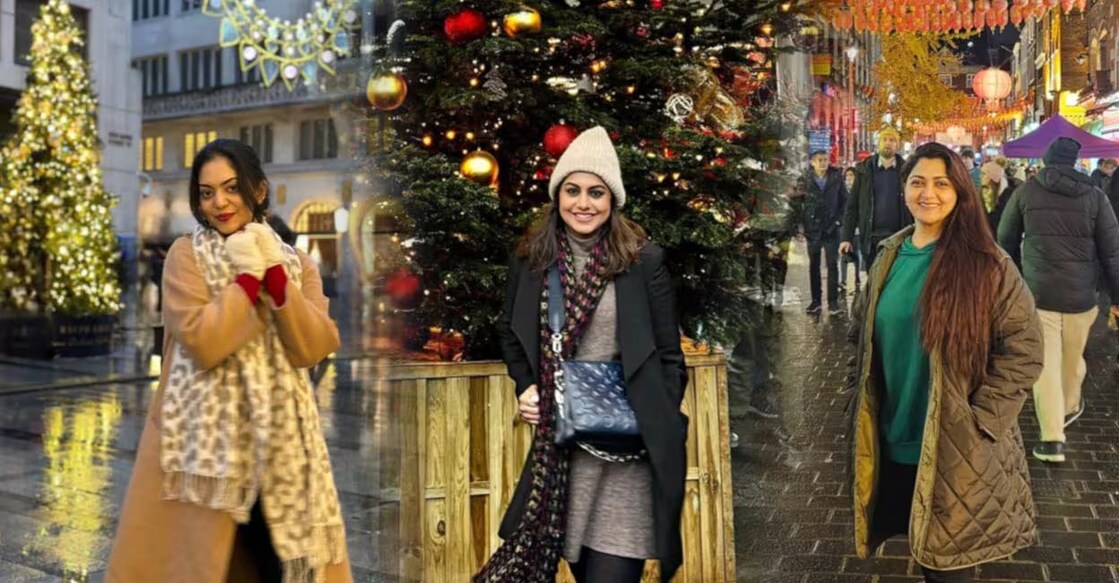 Ahaana Krishna (left), Meera Nandan (middle) and Khushbu (right) celebrating holidays in London. Photo: Instagram/@ahaana_krishna, @nandan_meera @khushbusundar