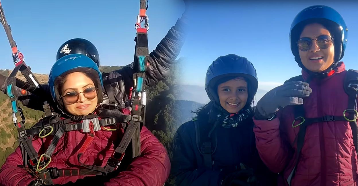Gayathri Arun on cloud nine after paragliding over the beautiful Bir village with daughter Screengrabs from video posted by YouTube/Life Stories with Gayathri Arun