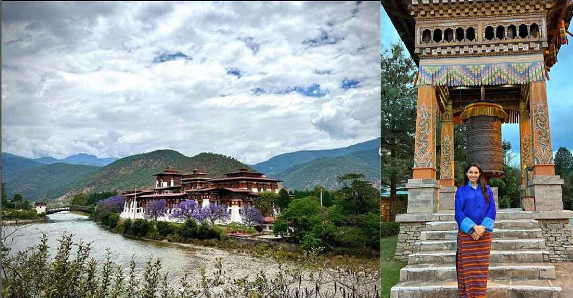 Punakha Dzong in Bhutan (left) and Andrea Jeremia (right). Photo: @therealandreajeremiah/Instagram