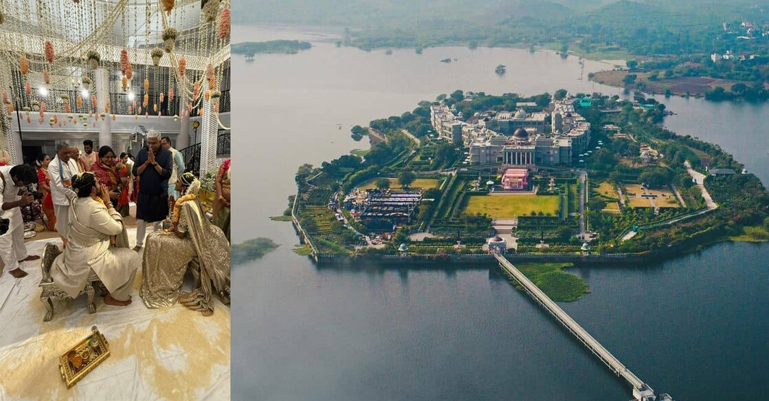 PV Sindhu's wedding (left). The Raffles Udaipur Resort. Photos: X/@gajendrasinghshekhawat/Instagram/@rafflesudaipur