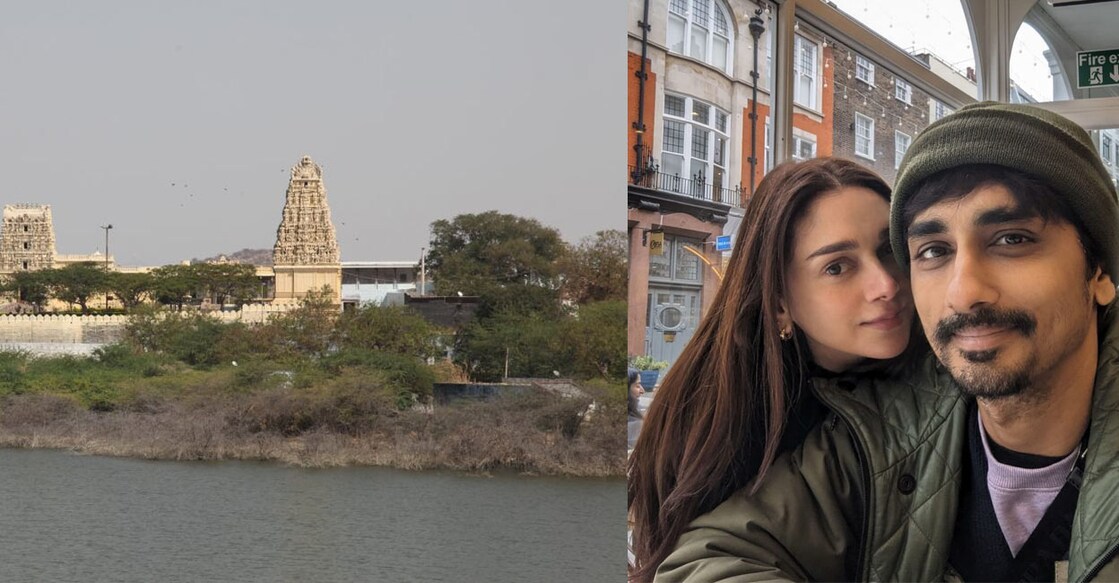 The Sri Ranganayakaswamy Temple in Telangana (left) and Aditi Rao - Siddharth during a trip (right). Photo: @aditiraohydari/https://wanaparthy.telangana.gov.in