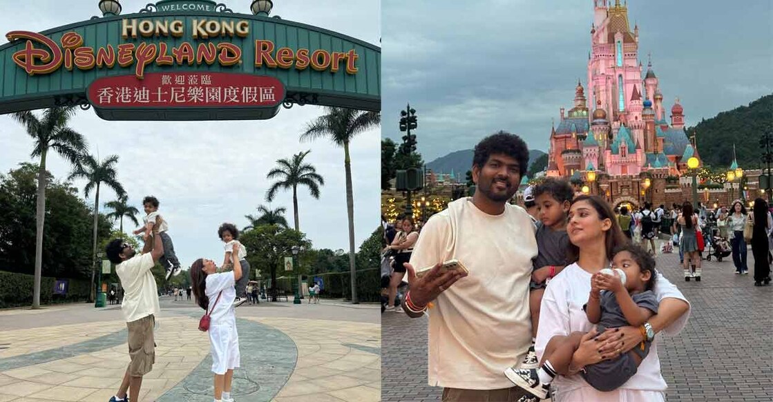 Nayanthara and Vignesh Sivan in Hong Kong Disneyland with their kids. Photo: Instagram/wikkiofficial