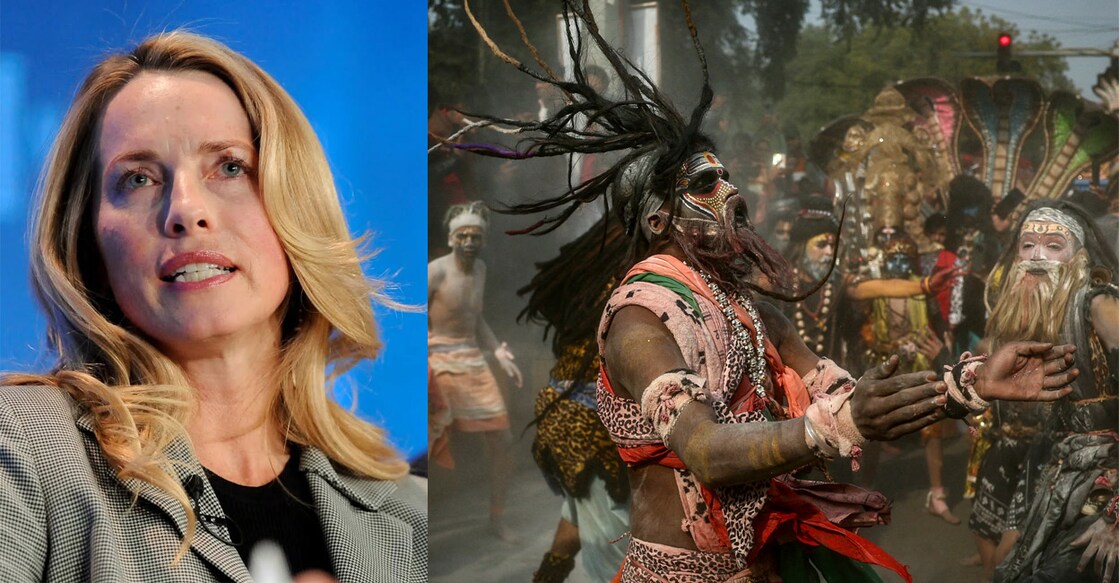 Laureen Jobs (left). The Kumbh Mela at Prayagraj. Photo: Instagram/@laureenpowelljobs/AFP