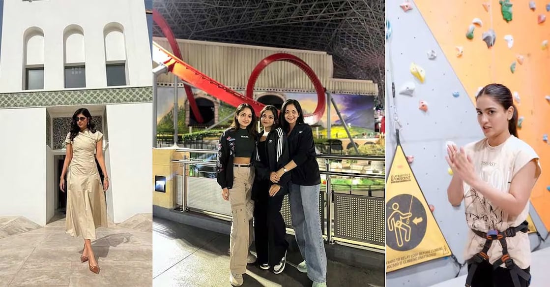 Yas Island's beauty includes entertainment, delicious food, and views that can be described as royal. Photo: Instagram/@kalyanipriyadarshan/@saniyaiyappan