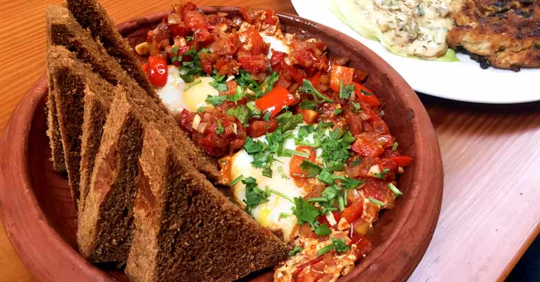 Shakshuka, a traditional Israeli dish served at Mocha Art Cafe Shakshuka, a traditional Israeli dish served at Mocha Art Cafe