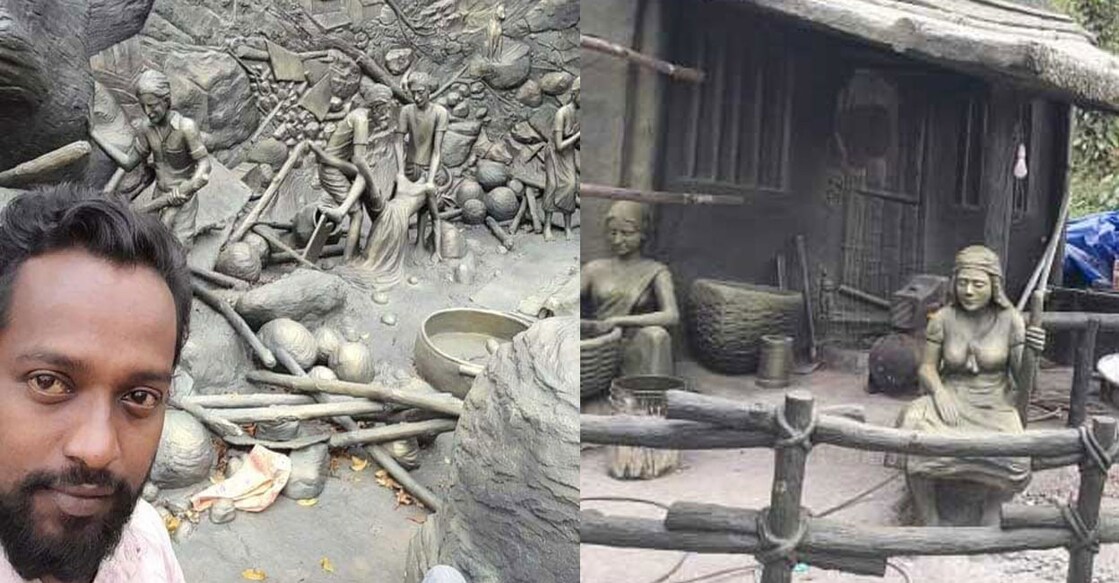 Artist Jomon George among his creations at the park. Photo: Special Arrangement