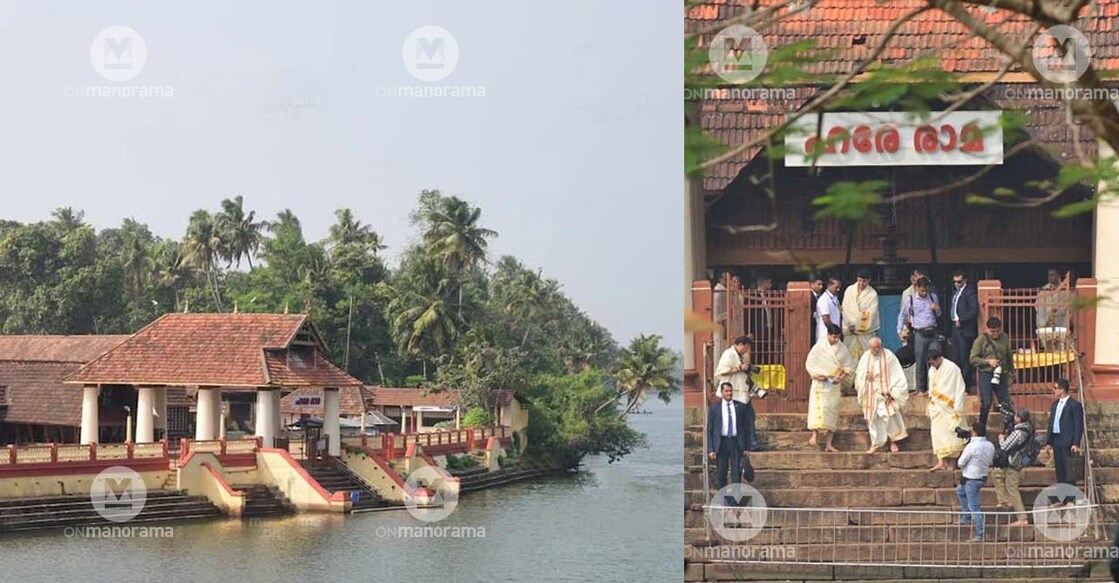 Triprayar Sree Ramaswamy Temple (left); PM Modi leaving the temple after darshan (right). Photo: Onmanorama