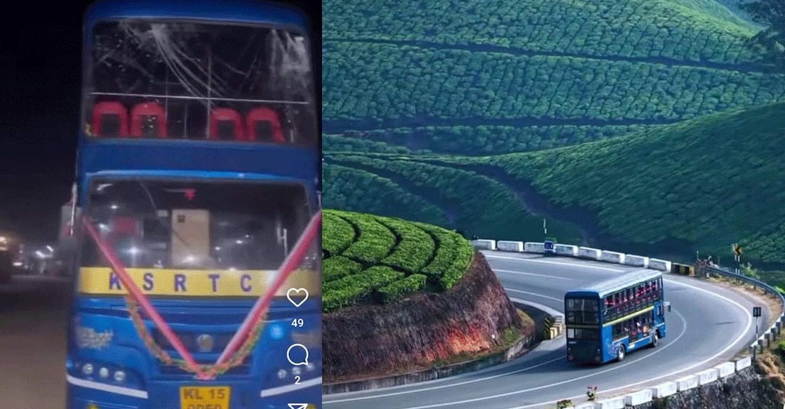 The damaged glass of the bus (left). The Munnar Royal view double-decker bus. Photo: Instagram/@nammal.malayalii/@_the_explorer_
