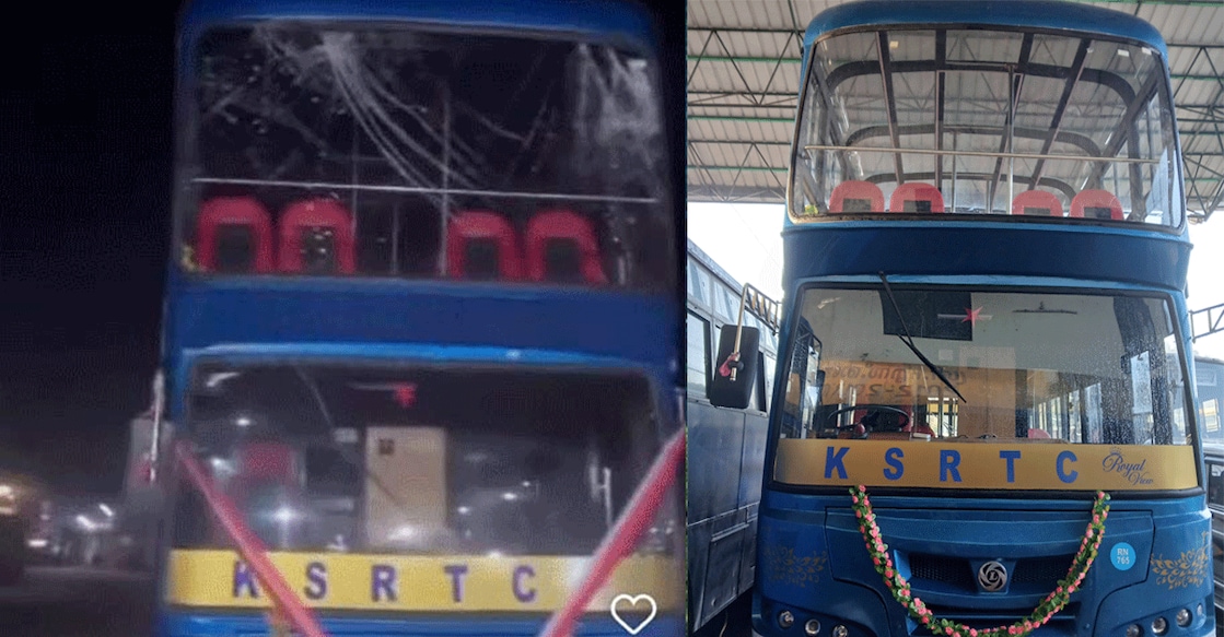 The shattered glass (left) and the restored KSRTC Munnar Royal View bus (right). Photo: Special Arrangement