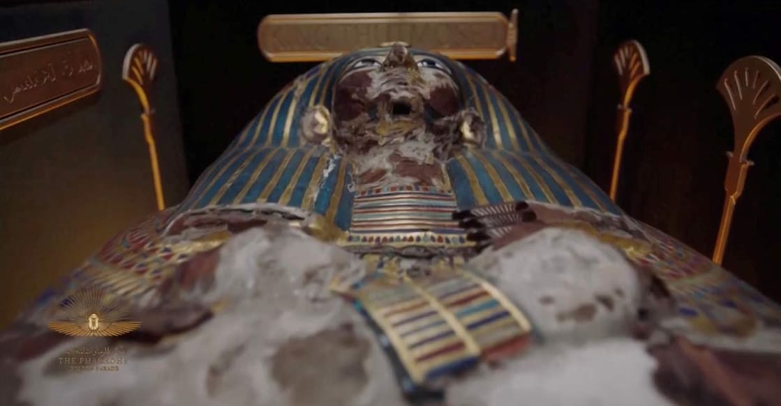 A mummy is seen in a video screened during a ceremony of a transfer of Royal mummies from the Egyptian Museum in Tahrir to the National Museum of Egyptian Civilization in Fustat, in Cairo. Photo: Reuters