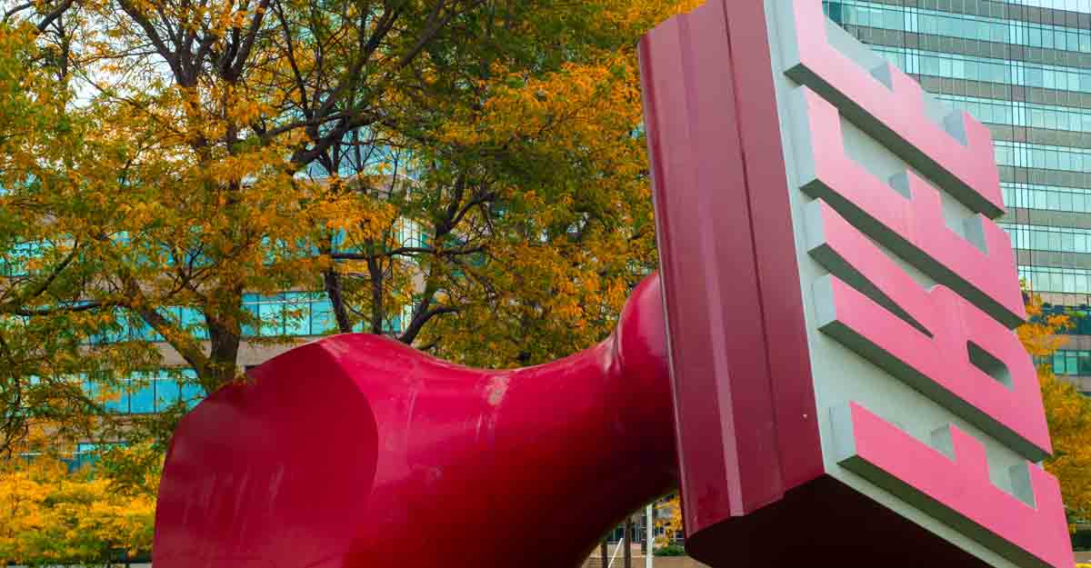 rubber-stamp CLEVELAND, OH - OCTOBER 5: The Free Stamp sculpture, created by Claes Oldenburg and Coosje van Bruggen, has been the focus of Willard Park in Cleveland Ohio since 1991. Photo taken on October 5, 2013.