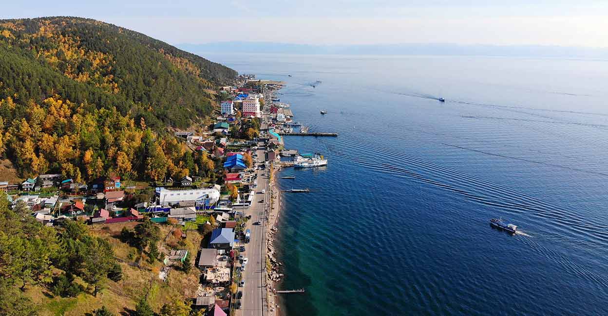 Listvyanka village Lake Baikal in autumn. Listvyanka village, aerial view. Photo: iStock/Viktoriya Telminova