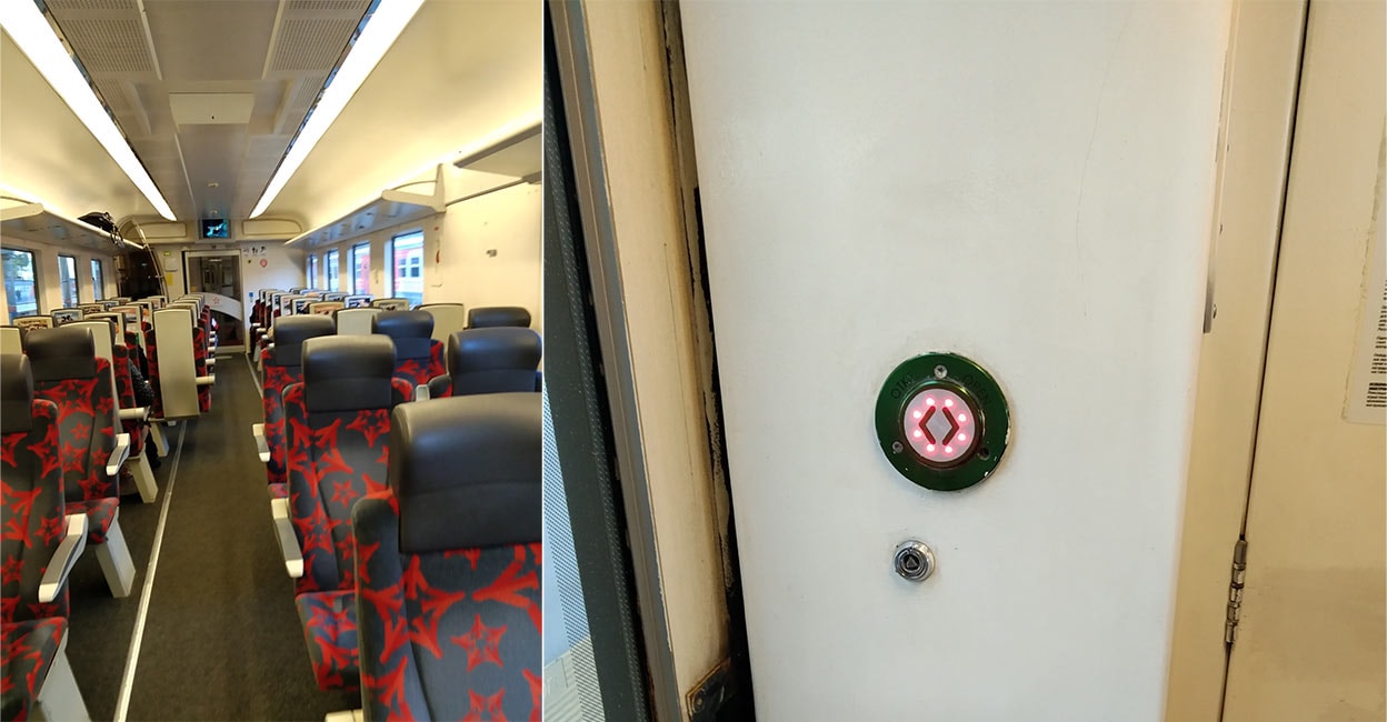 aeroexpress-trains-inside Aeroexpress trains provide the most comfortable and the fastest connectivity between the main airports in Moscow and the major railway stations in the city. (L) Inside an Aeroexpress train. (R) Press the red knob to open the door to alight from the Aeroexpress train. Don't wait expecting it to open on its own.
