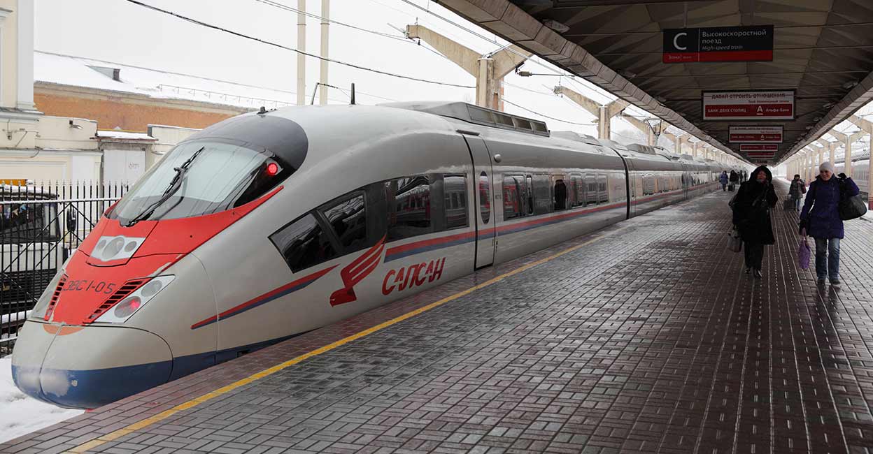 russia-bullet-train Passengers leaving the bullet train Sapsan at Leningradsky railway station in Moscow. Sapsan known as Velaro RUS EVS by Siemens operated by Russian Railways company on Moscow Saint Petersburg and Moscow Nizhny Novgorod lines. Photo: iStock/GA161076