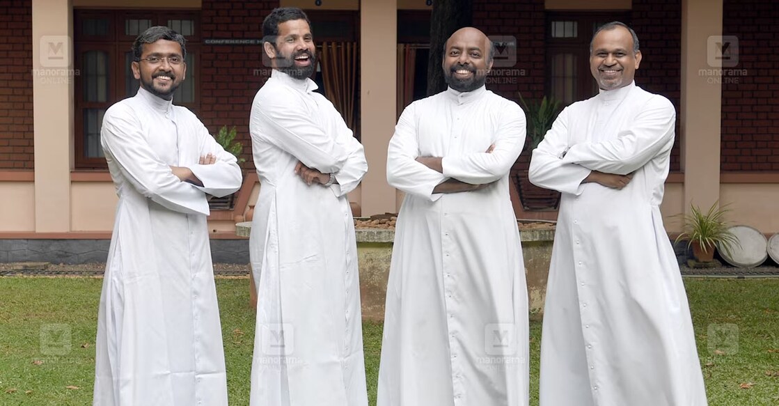 Fr. Sanish Thekethala,  Fr. Wilson Perepadan, Fr. Seemon Kanjithara and Fr. Rocky Roby Kalathil (left to right) travelled to Umling La, the highest place that can b reached by road, in the Himalayas. Photo: Manorama