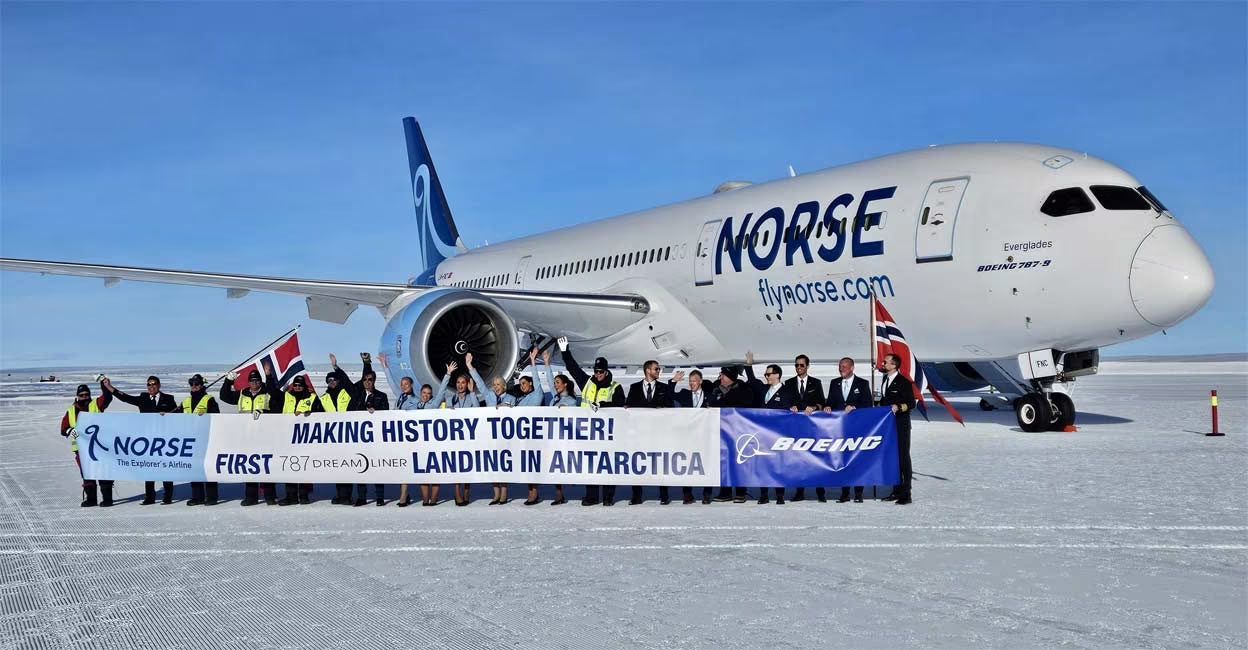 Norse Atlantic Airways, a Norwegian airline, made an unusual landing of a Boeing 787 Dreamliner in Antarctica. Photo: Norse Atlantic Airways/X.com