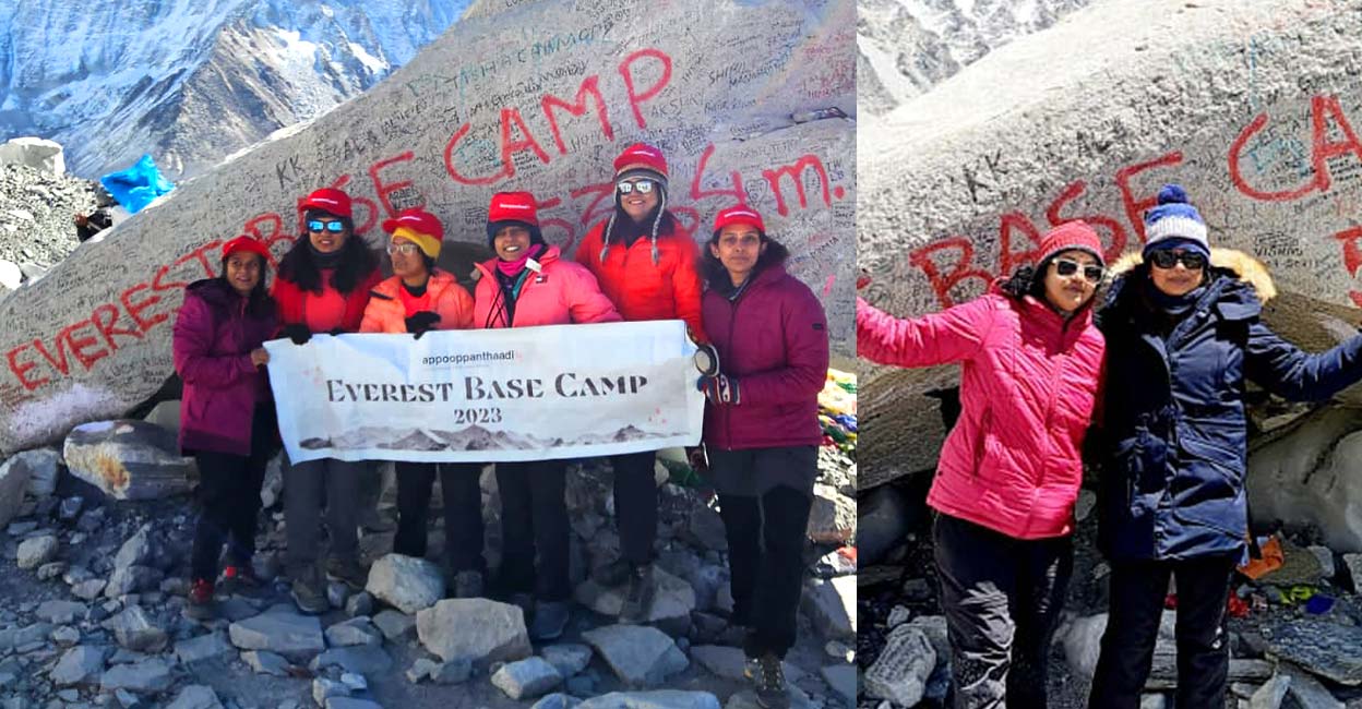 The eight members of Appooppanthaadi travel group, after reaching the Everest base camp. Photo: Special Arrangement