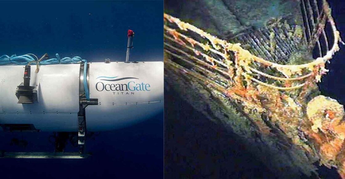 The submersible Titan (left) and the port bow railing of the Titanic (right) lies in 12,600 feet of water. Photo: Reuters