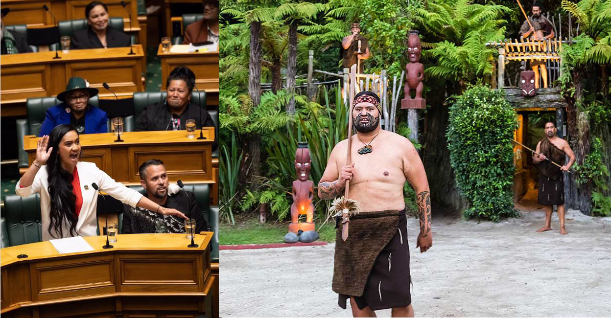 Hana Rawhiti Maipi Clarke performs 'haka' in New Zealand Parliament (left). Presentation in the city of Rotorua, New Zealand, about Maori culture, their customs and traditions (right). Photo: iStock/MaRabelo