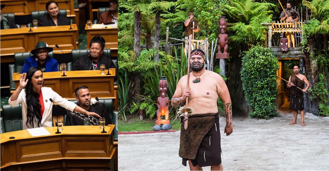 Hana Rawhiti Maipi Clarke performs 'haka' in New Zealand Parliament (left). Presentation in the city of Rotorua, New Zealand, about Maori culture, their customs and traditions (right). Photo: iStock/MaRabelo