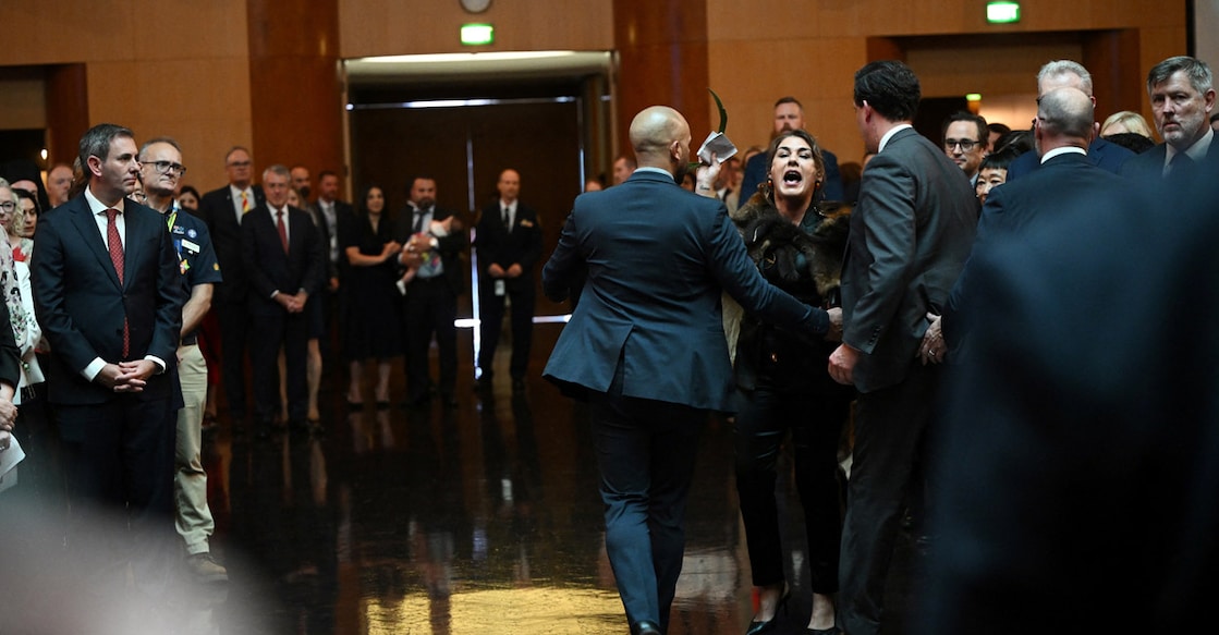 Australian Senator Lidia Thorpe stages a protest as Britain's King Charles and Queen Camilla attend a Parliamentary reception in Canberra, Australia. Photo: Victoria Jones/Pool via REUTERS
