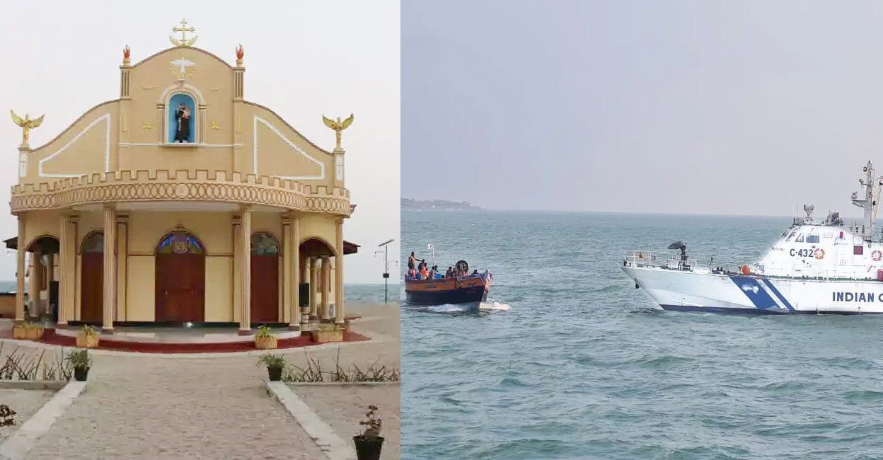 katchatheevu-shrine-travel The St Antony's Shrine in Katchatheevu (left) and pilgrims travelling to the island in 2023. Photo: Instagram/bandula_jay/indiancoastguard_official
