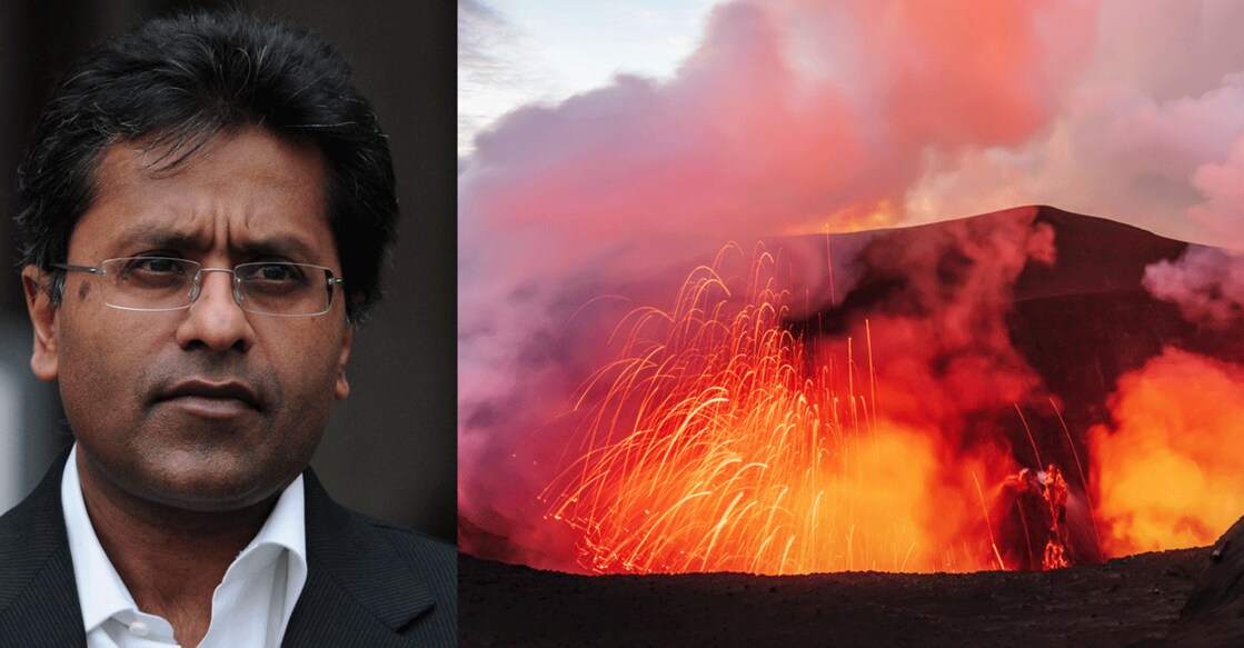 Lalit Modi (left) and Mount Yasur in Vanuatu (right). Photo: AFP/Istock/Mlenny