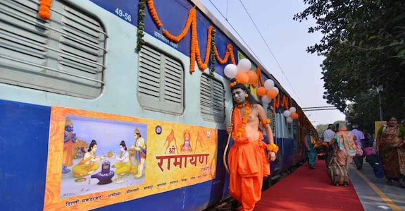 New Delhi: The Shri Ramayana Express, a special tourist train to run on the Ramayana circuit to cover major spots related to the Hindu epic, that was flagged off from Safdarjung Railway Station in New Delhi on Nov 14, 2018. The train will complete its journey till Rameswaram, Tamil Nadu, in 16 days covering all important destinations associated with the life of Lord Shri Ram. (Photo: IANS) New Delhi: The Shri Ramayana Express, a special tourist train to run on the Ramayana circuit to cover major spots related to the Hindu epic, that was flagged off from Safdarjung Railway Station in New Delhi on Nov 14, 2018. The train will complete its journey till Rameswaram, Tamil Nadu, in 16 days covering all important destinations associated with the life of Lord Shri Ram. (Photo: IANS)