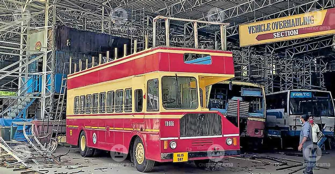 A KSRTC double-decker 'night rider' bus under construction. Photo: Manorama