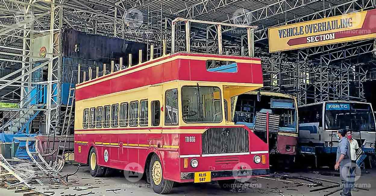 A KSRTC double-decker 'night rider' bus under construction. Photo: Manorama