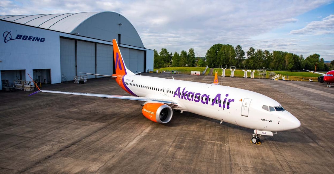 An aircraft belonging to the Akasa Air airline. Photo: Twitter @AkasaAir