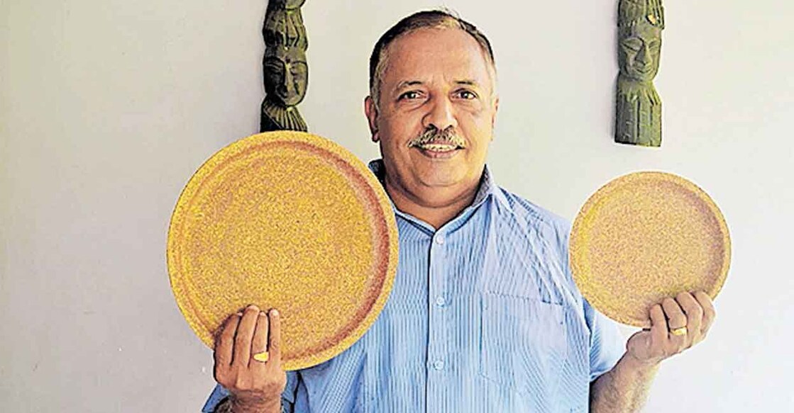 Vinayakumar Balakrishnan shows the edible plates to be used at the G20 Sherpa meet at Kumarakom. Photo: Manorama