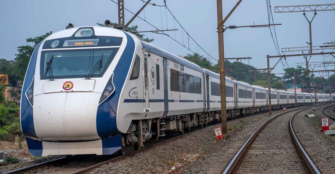 The Mumbai Solapur Vande Bharat Express heading towards Solapur, at Lonavala India. Photo: iStock/Dinesh Hukmani