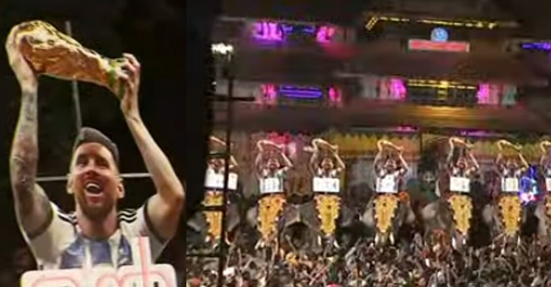 Lionel Messi's cutouts displayed during the Kudamattam ceremony of Thrissur Pooram. Photos: Screengrab/Manorama News