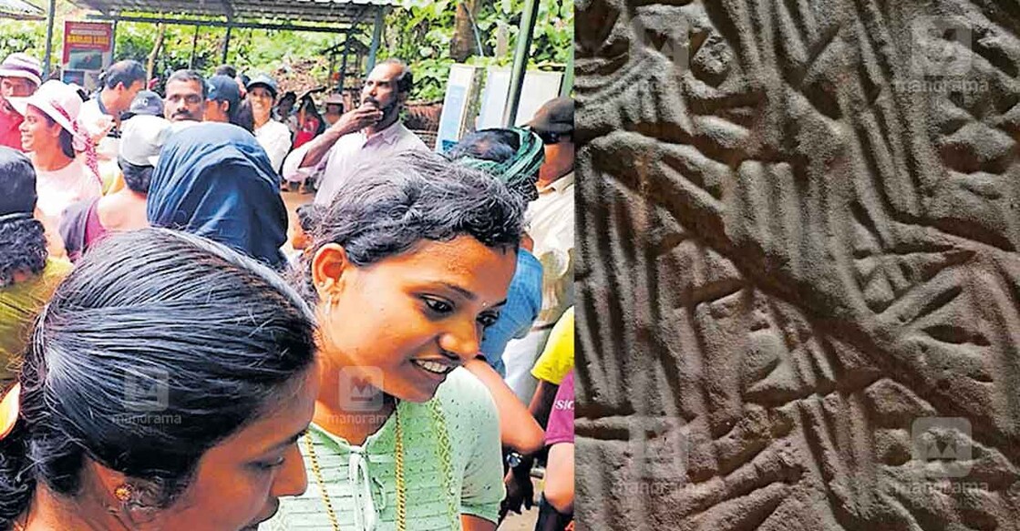 The crowd (left) to visit Edakkal Caves (right). Photo: Manorama