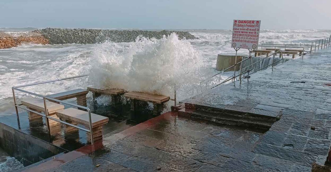 The runways of the Mumbai airport was closed on Sunday night due to the inclement weather induced by cyclone Biparjoy. A click from Dwaraka district in Gujarat where high tides were caused by the cyclone. Photo: PTI