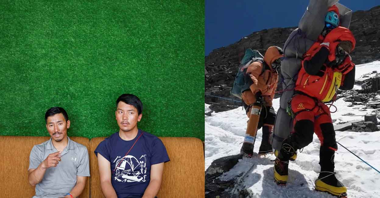 Gelje Sherpa sits along with Ngima Tashi Sherpa (left), who rescued a Malaysian climber from the death zone above camp four. Ngima Tashi Sherpa walks as he carries a Malaysian climber (right). Photos: Reuters/Navesh Chitrakar/Third party image