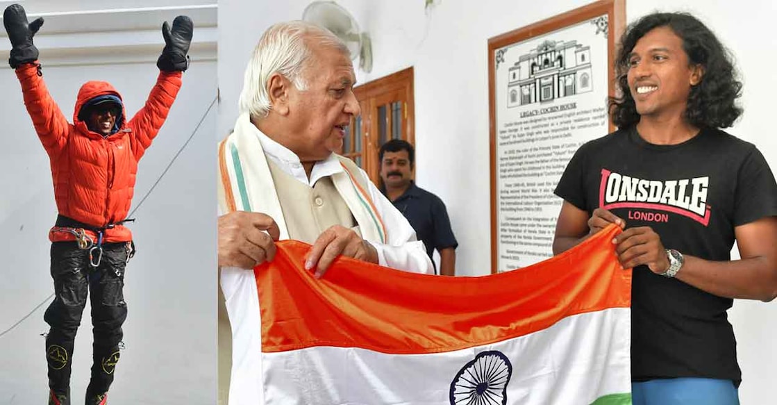 Sheikh Hassan (left) who hails from Pandalam, is an assistant section officer in the Finance Department at Secretariat in Thiruvananthapuram. Hassan with Kerala Governor Arif Mohammed Khan (right). Photo: Josekutty Panackal