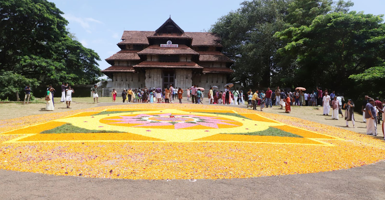 A 60-ft Pookkalam arranged on the Thekkinkadu Maidan in Thrissur on Sunday. Photo: Special arrangement