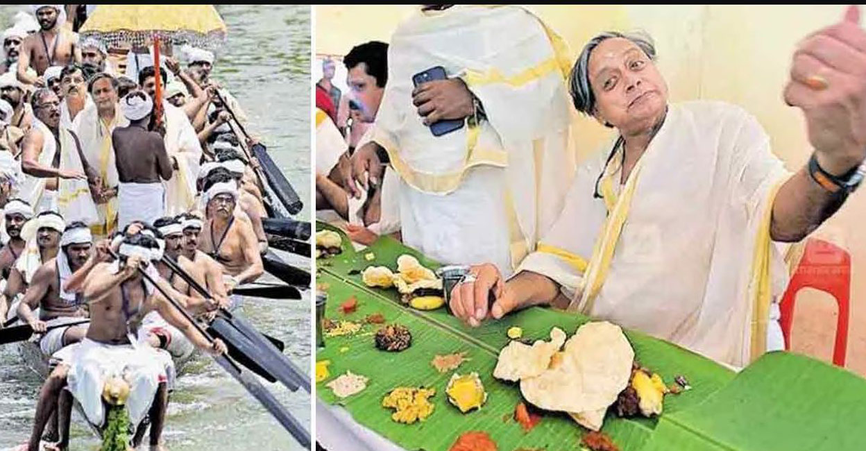 Shashi Tharoor on the palliyodam (left). He relished the feast with the oarsmen (right) in Aranmula. Photo: Nikhil Raj/Manorama