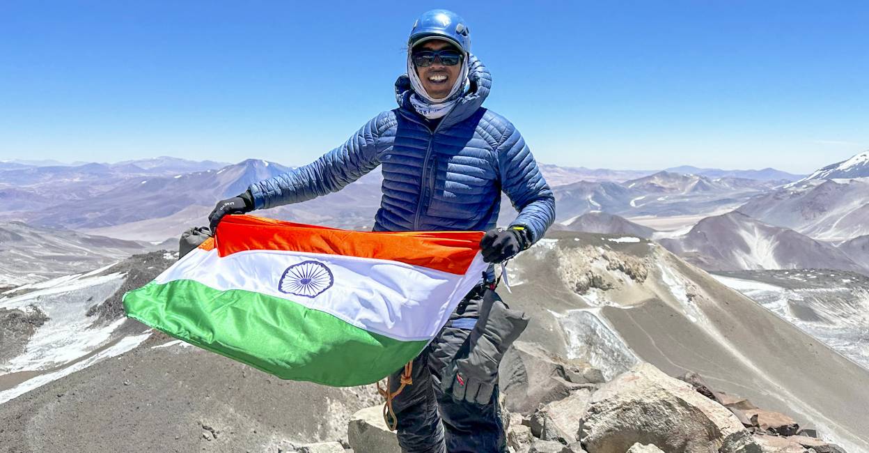 Shaikh Hassan Khan, a Kerala government employee, on the top of Ojos Del Salado, the world's highest volcano, located in Chile, South America. Photo: PTI