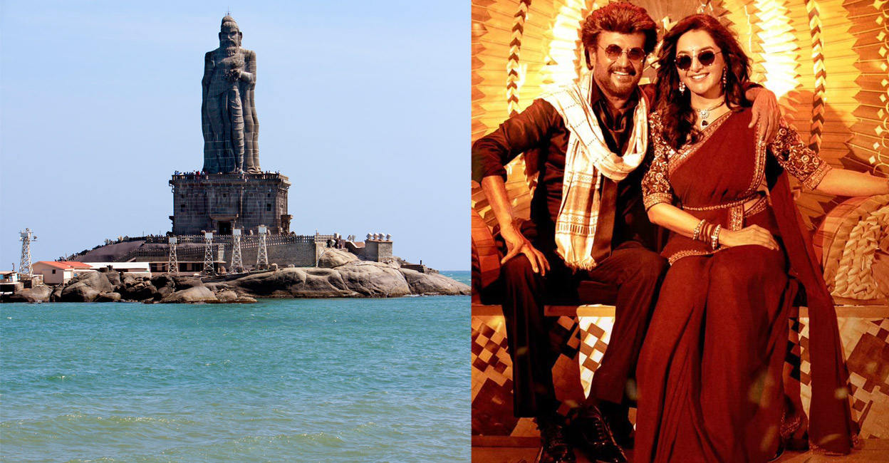 Thiruvalluvar statue in Kanyakumari (left). Rajinikanth and Manju Warrier in Vettaiyan. Photo: Istock/Oleona/Instagram/@vettaiyan
